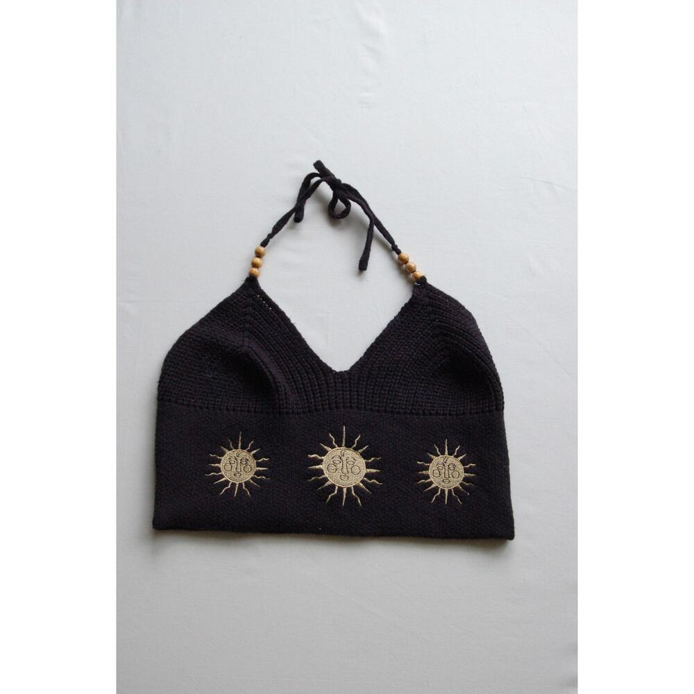 Knit Halter Top Black Embroidered Sun Wooden Beads Small S | Whimsigoth Festival